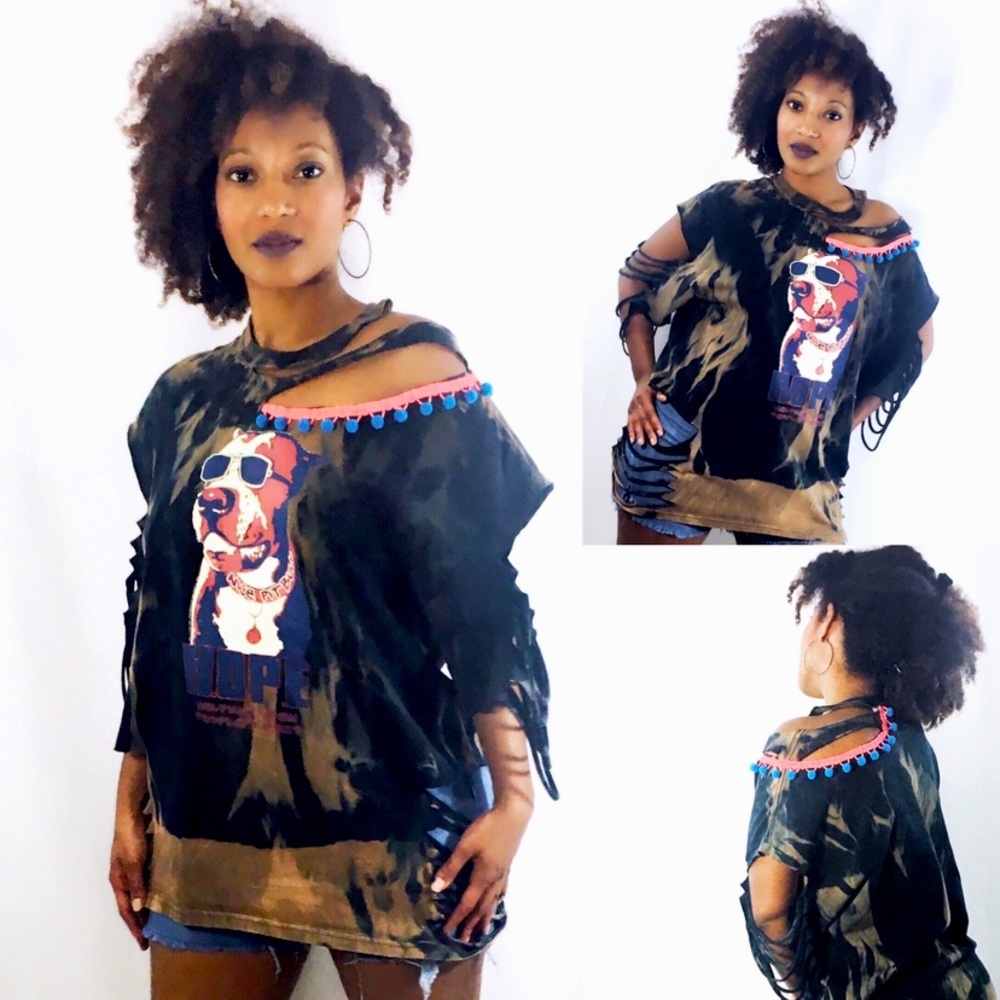 Upcycled one of a kind Pitbull deconstructed tie dye boyfriend tee